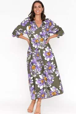 Linen Dresses<Elm Antelle Khaki Blossom Linen Blend Dress