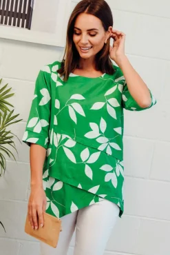 Linen Tops<Ruby Rain Anya Green Flower Linen Cotton Top