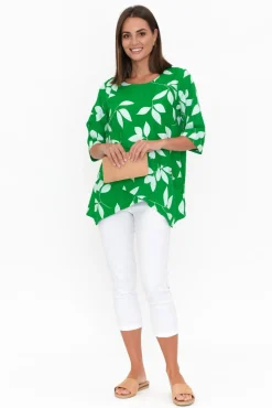 Linen Tops<Ruby Rain Anya Green Flower Linen Cotton Top