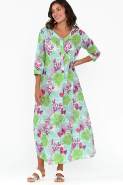 Cotton Dresses<One Summer Apia Aqua Flower Cotton Maxi Dress