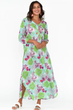Cotton Dresses<One Summer Apia Aqua Flower Cotton Maxi Dress