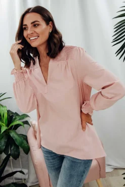 Sleeved Tops<Cali and Co April Blush Cotton V Neck Top