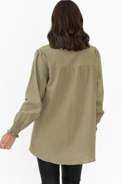 Sleeved Tops<Cali and Co April Khaki Cotton V Neck Top