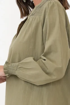 Sleeved Tops<Cali and Co April Khaki Cotton V Neck Top