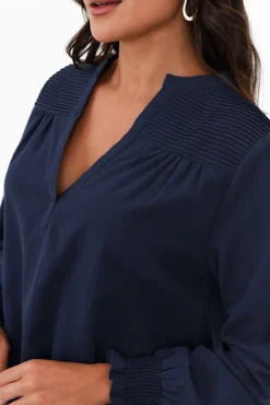 Sleeved Tops<Cali and Co April Navy Cotton V Neck Top