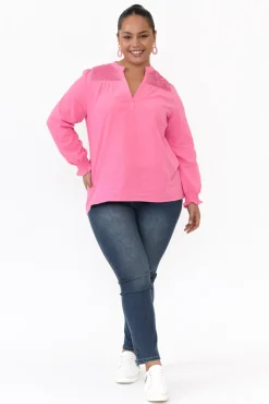 Cotton Tops<Cali and Co April Pink Cotton V Neck Top