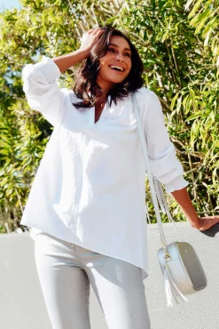 Sleeved Tops<Cali and Co April White Cotton V Neck Top