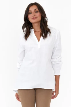 Sleeved Tops<Cali and Co April White Cotton V Neck Top