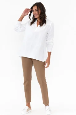 Sleeved Tops<Cali and Co April White Cotton V Neck Top