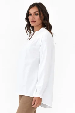 Sleeved Tops<Cali and Co April White Cotton V Neck Top