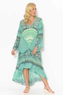 Below Knee Dresses<Fashion Spectrum Aqua Mosaic Silk Frill Dress