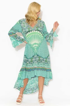 Below Knee Dresses<Fashion Spectrum Aqua Mosaic Silk Frill Dress