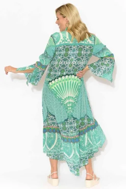 Below Knee Dresses<Fashion Spectrum Aqua Mosaic Silk Frill Dress