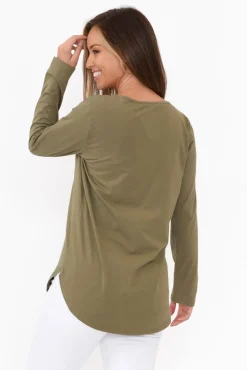 Cotton Tops<Cafe Latte Archer Khaki Cotton Long Sleeve Top
