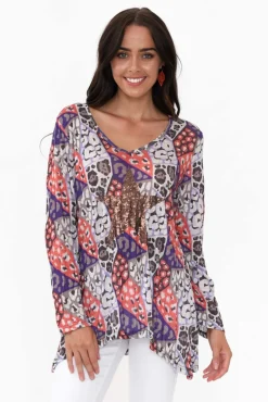 Sleeved Tops<Cafe Latte Archie Purple Geo Sequin Top
