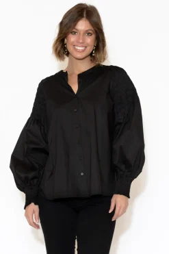 Cotton Tops<Foil Arlo Black Shirred Cotton Shirt
