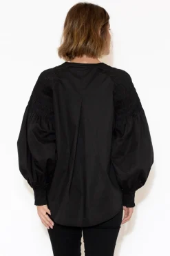 Cotton Tops<Foil Arlo Black Shirred Cotton Shirt