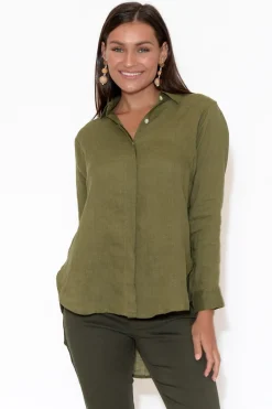 Linen Tops<Escape Aspen Olive Hi Lo Linen Shirt