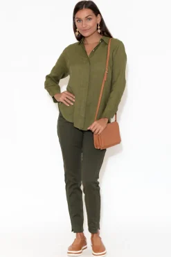 Linen Tops<Escape Aspen Olive Hi Lo Linen Shirt