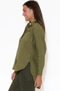 Linen Tops<Escape Aspen Olive Hi Lo Linen Shirt