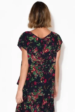 Sleeved Tops<Red Lotus Aurora Navy Rose Short Sleeve Top