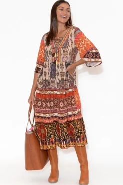 Midi Dresses<Escape Austin Orange Abstract Flared Sleeve Dress