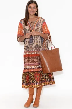 Midi Dresses<Escape Austin Orange Abstract Flared Sleeve Dress