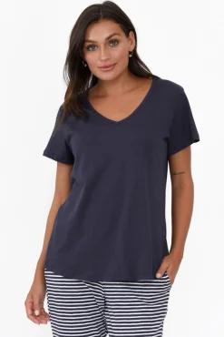 Cotton Tops<Betty Basics Ava Navy Cotton V Neck Tee