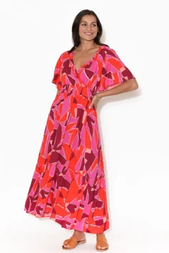 Maxi Dresses<Label of Love Avenly Pink Abstract Frill V Neck Dress