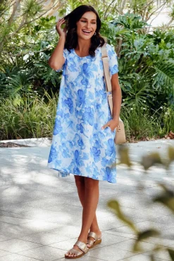Linen Dresses<Cali and Co Ayita Blue Flower Linen Dress