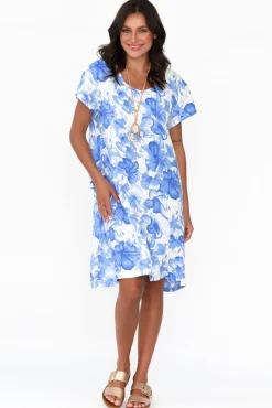 Linen Dresses<Cali and Co Ayita Blue Flower Linen Dress