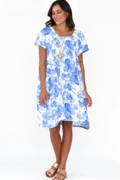 Linen Dresses<Cali and Co Ayita Blue Flower Linen Dress