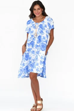 Linen Dresses<Cali and Co Ayita Blue Flower Linen Dress