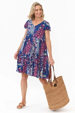 Sleeved Dresses<One Summer Azalea Navy Animal Crinkle Dress