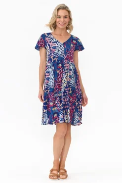 Sleeved Dresses<One Summer Azalea Navy Animal Crinkle Dress