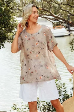 Linen Tops<Cali and Co Baraka Beige Flower Linen Top