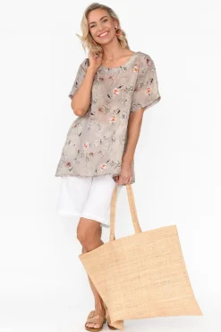 Linen Tops<Cali and Co Baraka Beige Flower Linen Top