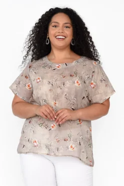 Linen Tops<Cali and Co Baraka Beige Flower Linen Top
