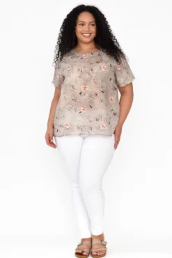 Linen Tops<Cali and Co Baraka Beige Flower Linen Top