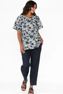 Linen Tops<Cali and Co Baraka Navy Floral Linen Top