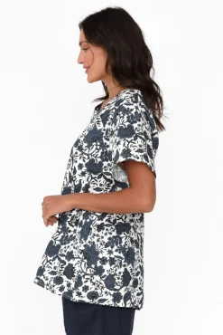 Linen Tops<Cali and Co Baraka Navy Floral Linen Top