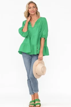 Linen Tops<Cali and Co Barrett Green Linen Blend Top