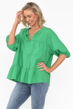 Linen Tops<Cali and Co Barrett Green Linen Blend Top