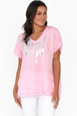 Linen Tops<La Strada Benita Pink Foil Linen Top