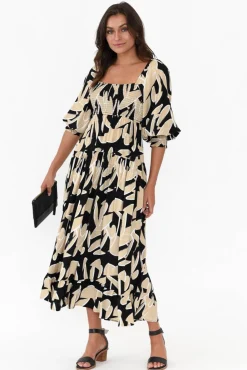 Midi Dresses<Silver Wishes Beverly Black Abstract Shirred Tier Dress