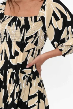 Midi Dresses<Silver Wishes Beverly Black Abstract Shirred Tier Dress