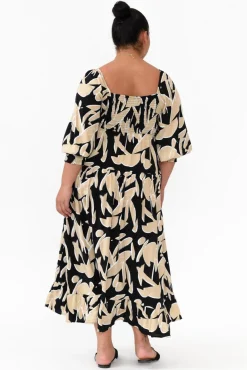 Midi Dresses<Silver Wishes Beverly Black Abstract Shirred Tier Dress