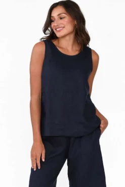 Linen Tops<Gordon Smith Bianca Navy Linen Button Back Tank