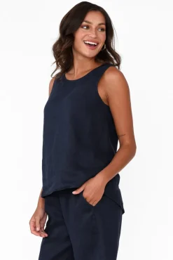 Linen Tops<Gordon Smith Bianca Navy Linen Button Back Tank