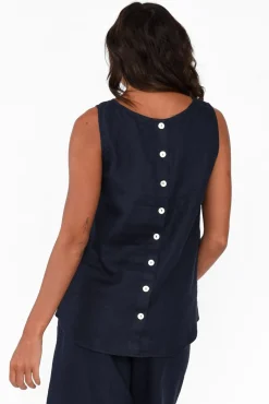 Linen Tops<Gordon Smith Bianca Navy Linen Button Back Tank